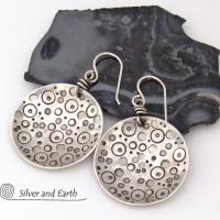Sterling Silver Circle Earrings with Unique Hand Stamped Texture - Artisan Handcrafted Bold Artsy Modern Silver Jewelry