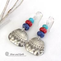 Sterling Silver Earrings with Turquoise, Red Coral & Sodalite - Artisan Handcrafted Boho Tribal Jewelry