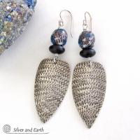 Sterling Silver Tribal Spear Earrings with Multi Colored Blue and Black African Glass Beads