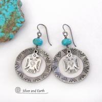 Thunderbird Silver Pewter Hoop Earrings with Blue Turquoise Stones - Handmade Southwestern Style Jewelry