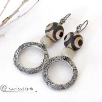 Hammered Silver Pewter Circle Hoop Earrings with Tibetan Agate Stones & African Glass Beads - Boho Tribal Ethnic African Jewelry 