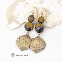 Faceted Golden Brown Tiger's Eye Gemstone Earrings Accented with Hammered Gold Brass Dangles