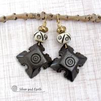 Brown Wood Earrings with African Carved Bone Beads - Ethnic Boho Tribal Style Jewelry
