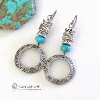Turquoise and Hand Stamped Silver Pewter Hoop Earrings with Southwestern Tribal Style Beads