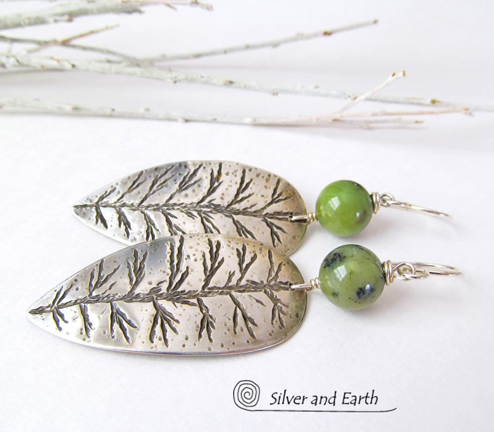 Sterling Silver Leaf Earrings with Green Jade Stones - Earthy Nature Jewelry