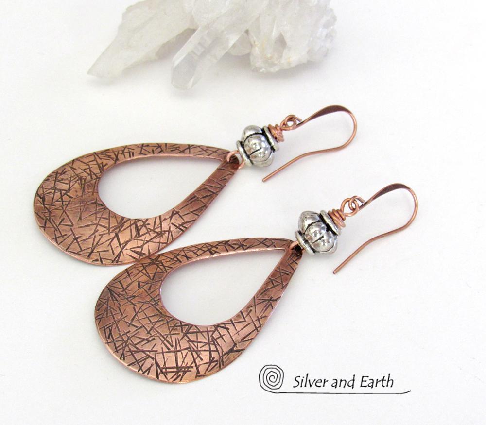 Big Bold Copper Teardrop Hoop Earrings with Silver Beads