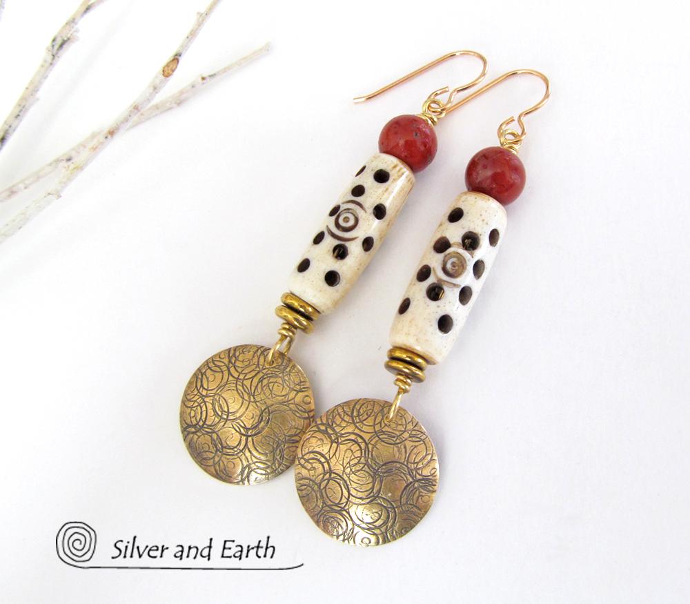 Gold Brass Earrings with Carved Bone & Red Jasper Stones - Boho Chic Jewelry