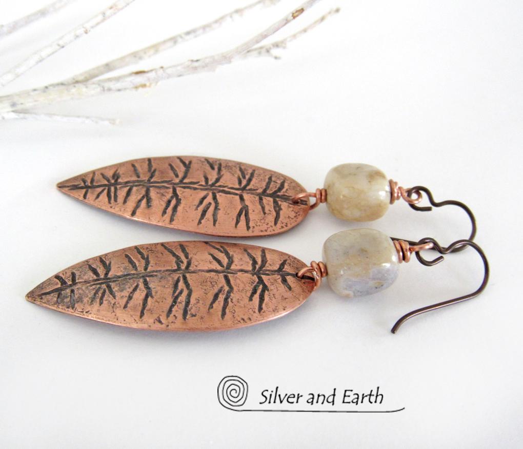 Copper Leaf Earrings with Agate Stones - Earthy Nature Jewelry