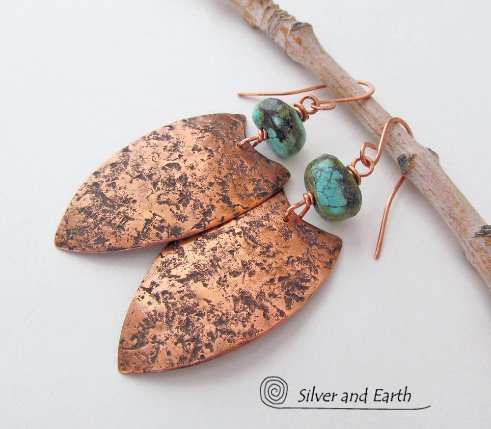 Copper Tribal Shield Earrings with Natural Turquoise - African Inspired Jewelry
