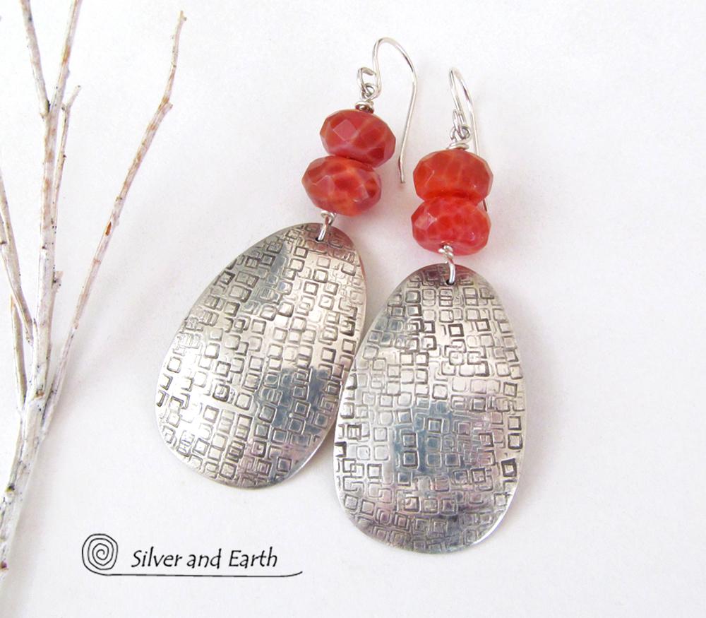 Sterling Silver Earrings with Faceted Fire Agate Gemstones