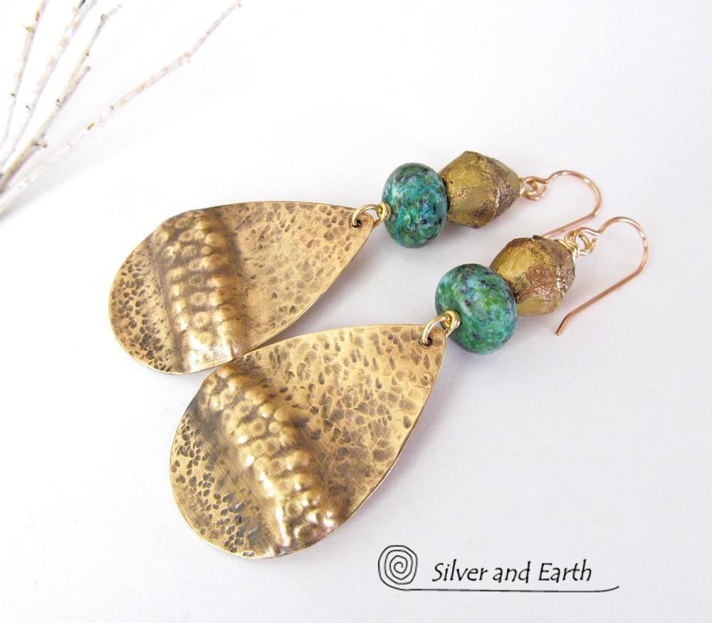 Gold Brass Tribal Earrings with Chrysocolla Stones and African Brass Beads