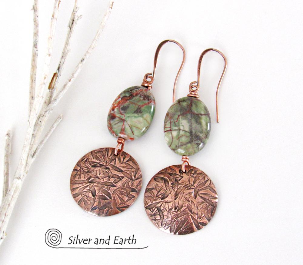Textured Copper Dangle Earrings with Green Rhyolite Jasper Stones
