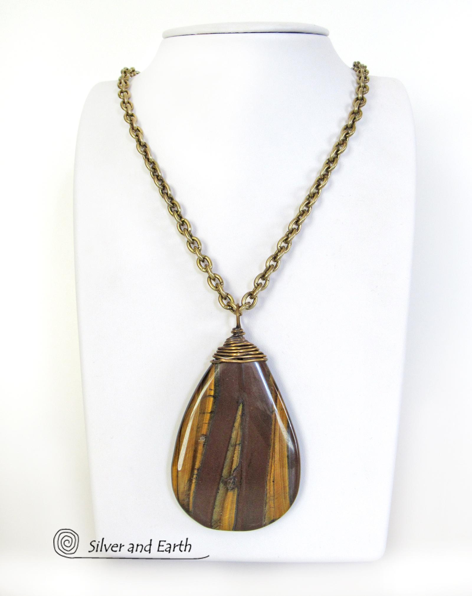 Large Tiger's Eye Gemstone Pendant Necklace- Earthy Natural Stone Jewelry