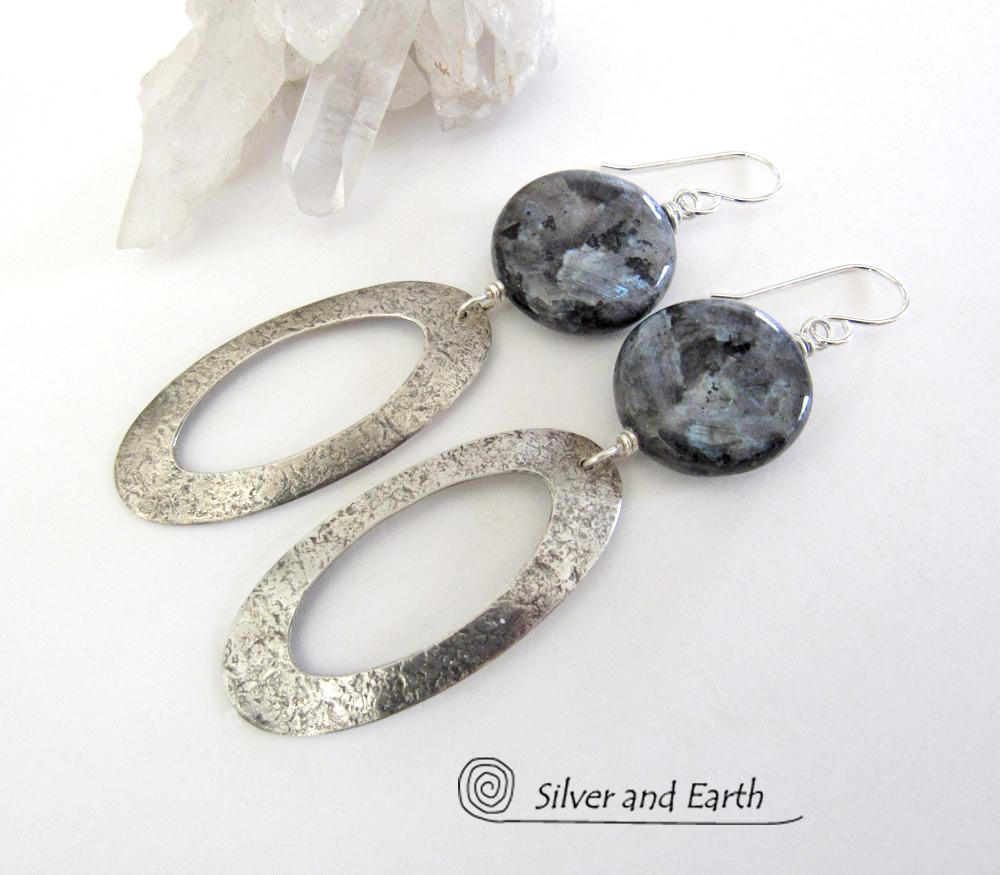 Larvikite Sterling Silver Hoop Dangle Earrings - Norwegian Moonstone Jewelry