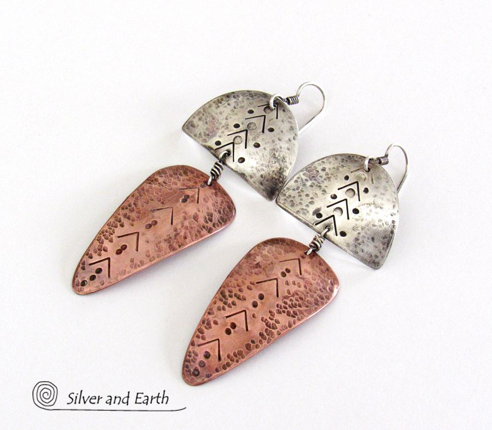 Sterling Silver & Copper Mixed Metal Tribal Earrings - Bold Unique Jewelry