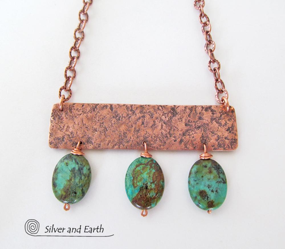Copper Necklace with African Turquoise  Stones - Artisan Handcrafted Modern Chic Bohemian Jewelry