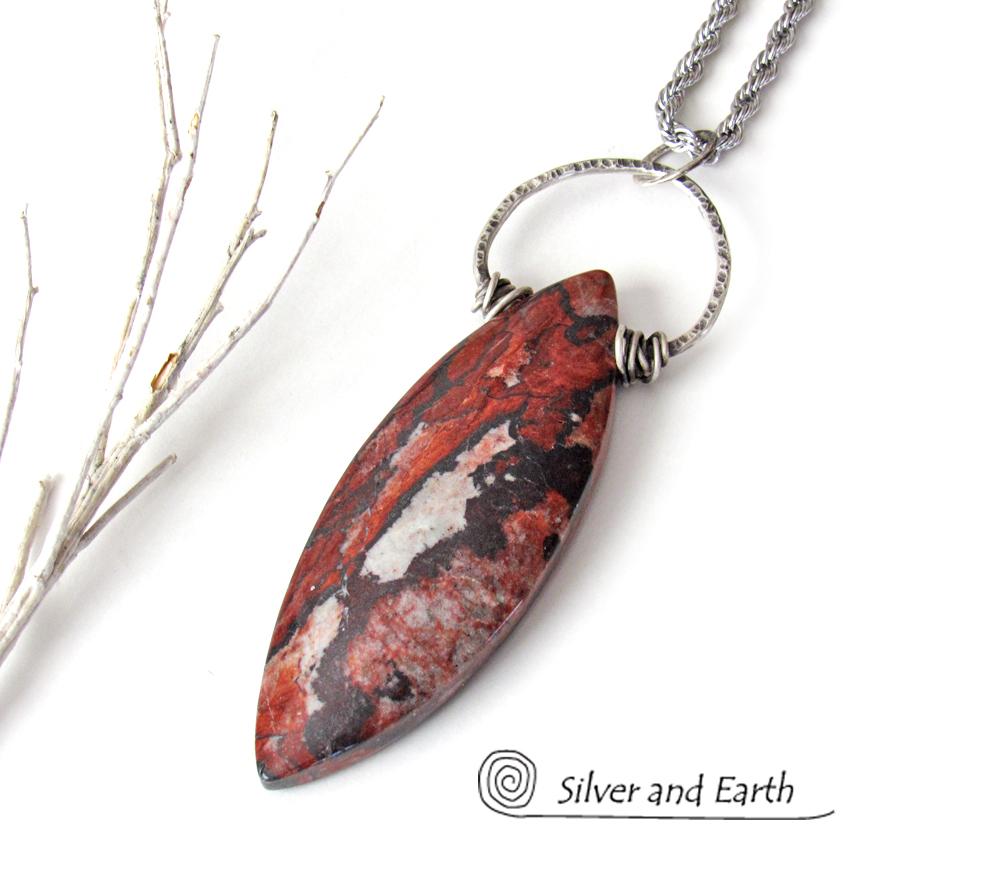 Large Brecciated Poppy Jasper Stone Necklace with Sterling Silver