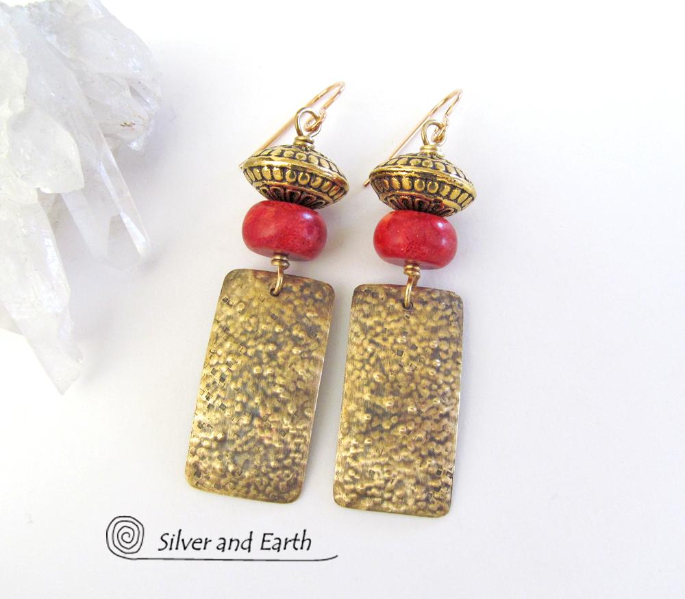 Gold Brass Earrings with Red Coral & Brass Beads - Modern Tribal Jewelry