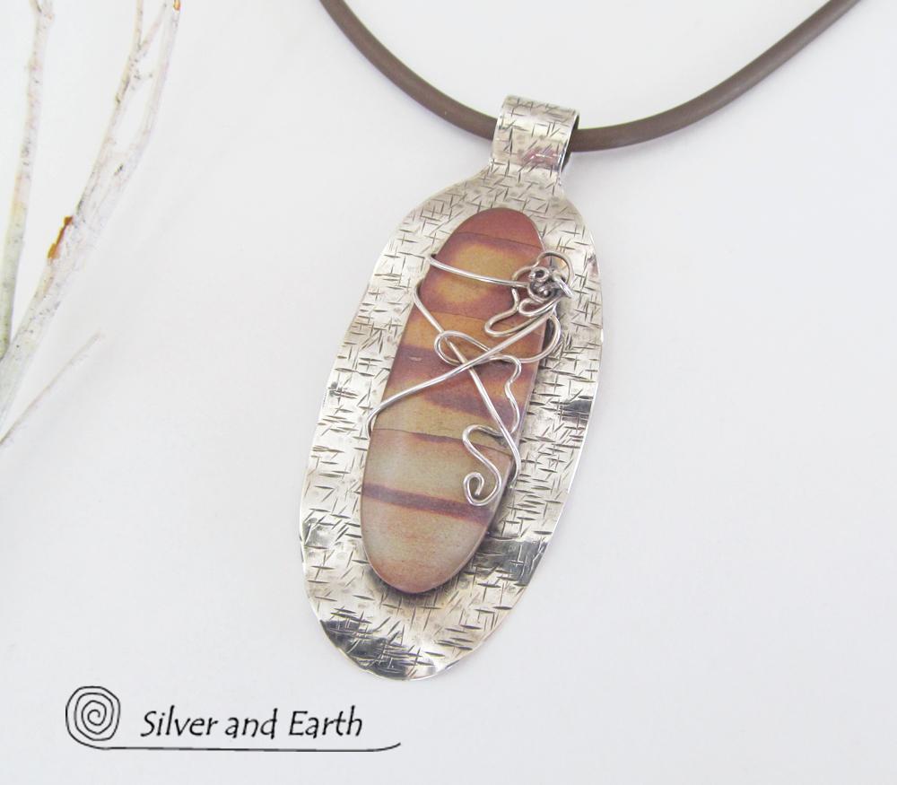 Sterling Silver Pendant Necklace with Natural Picture Jasper Stone