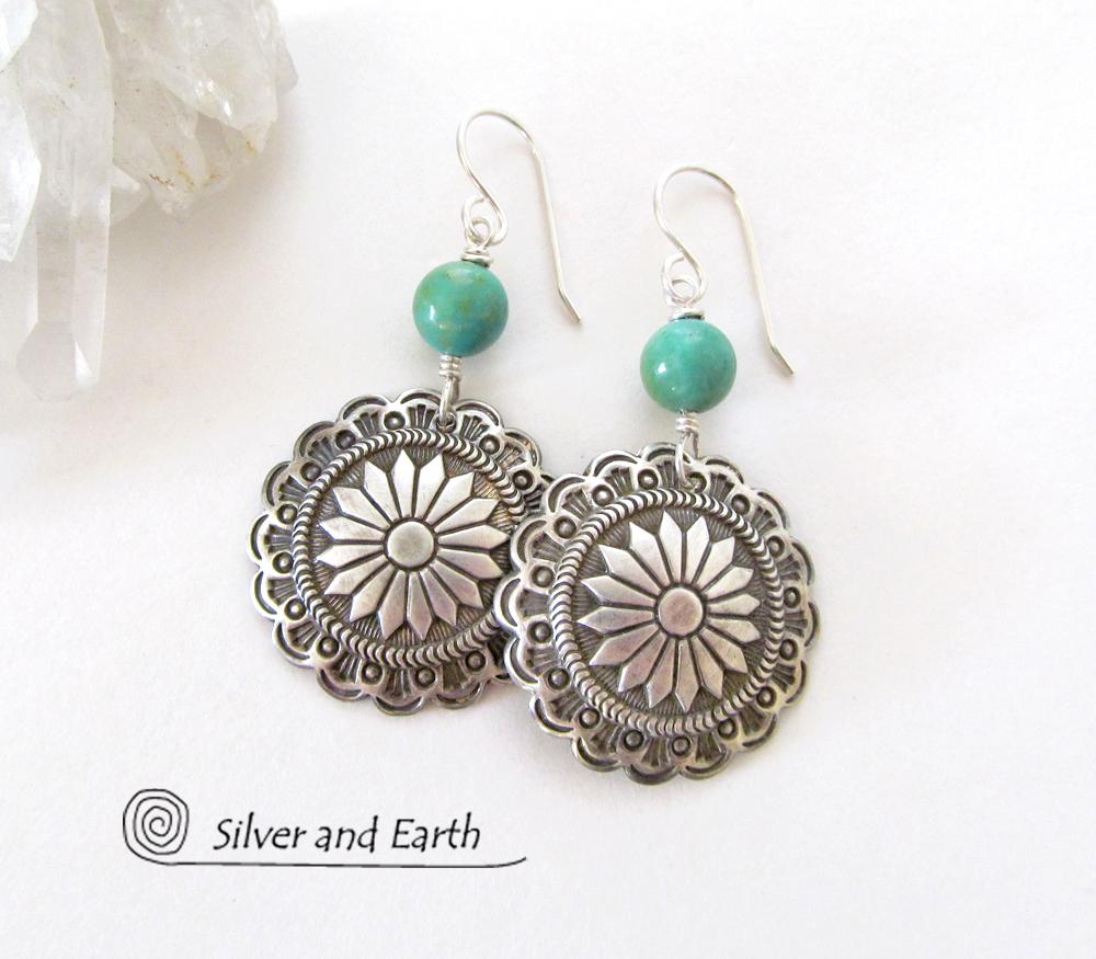 Sterling Silver Concho Earrings with Turquoise - Southwestern Jewelry