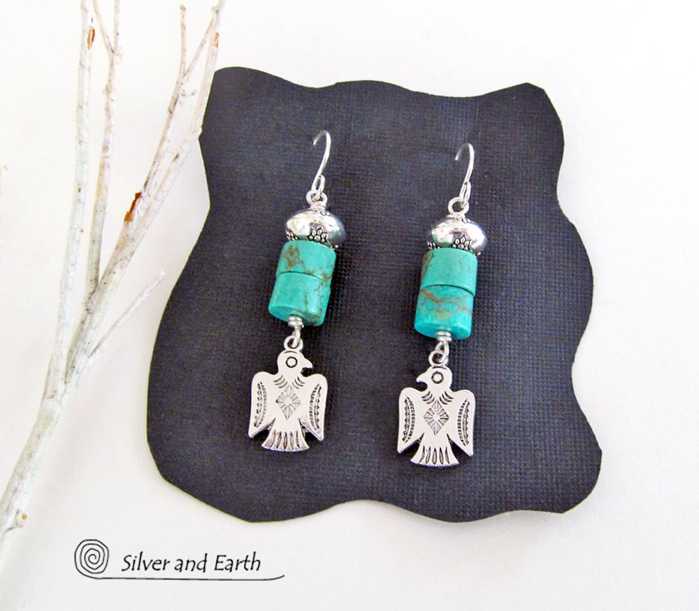 Silver Thunderbird Earrings with Natural Turquoise Stones - Southwestern Jewelry