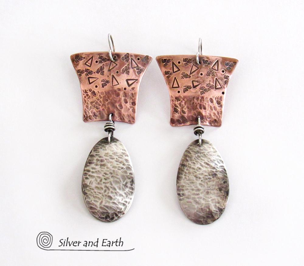 Sterling Silver & Copper Mixed Metal Earrings - Modern Contemporary Jewelry
