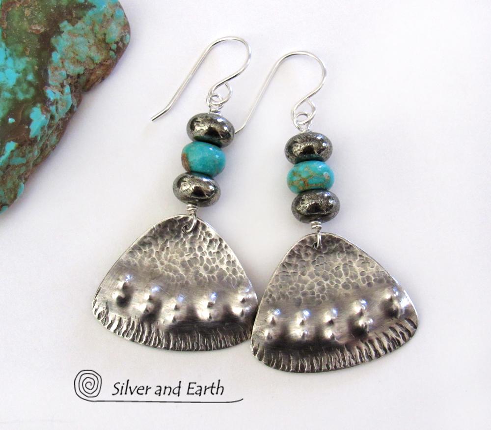 Sterling Silver Earrings with Turquoise & Pyrite - Tribal Southwest Jewelry