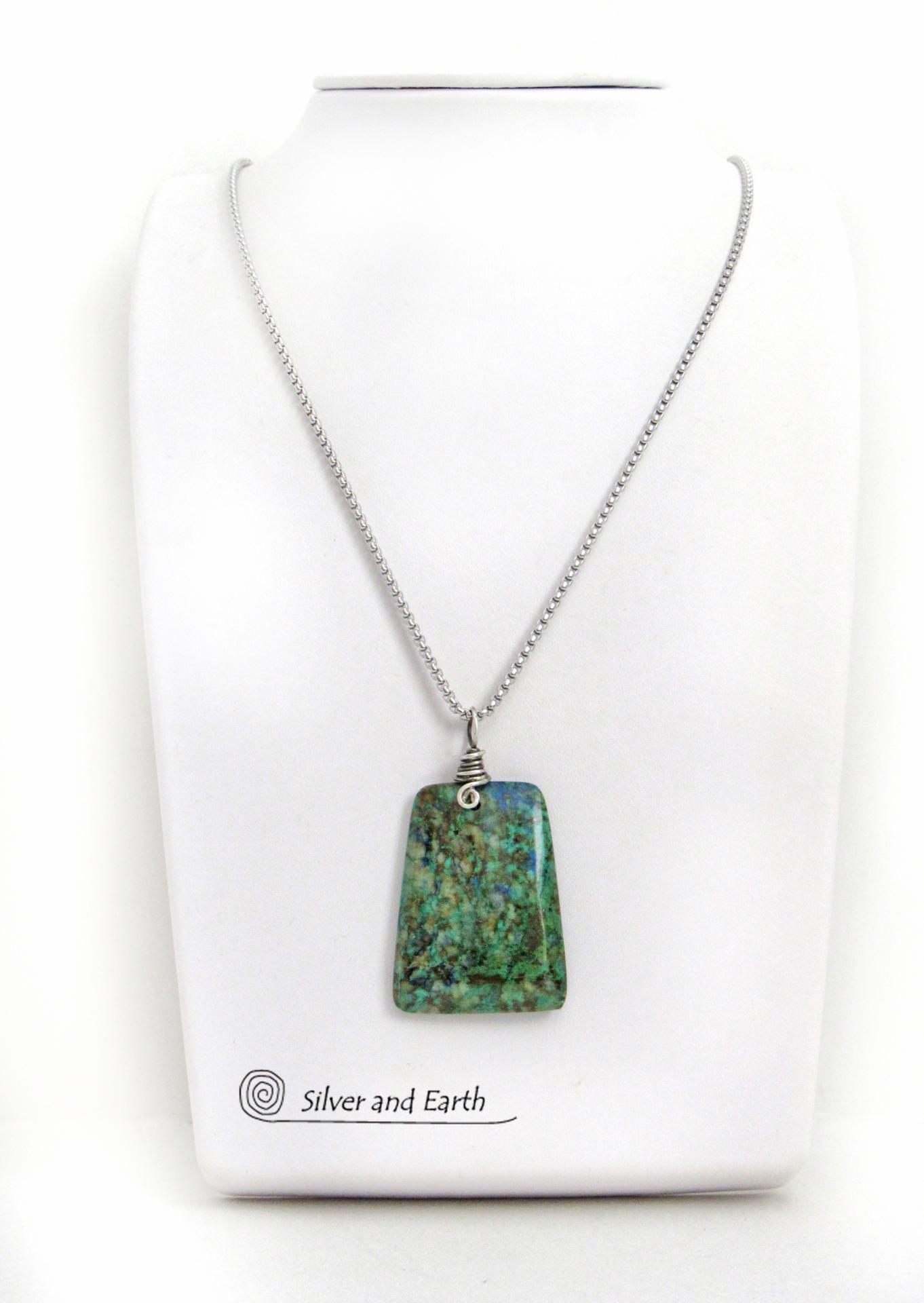 Azurite Malachite Blue Green Pendant Necklace - Modern Simplistic Gemstone Jewelry
