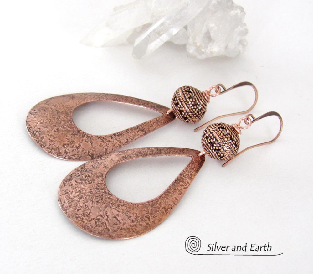 Large Hammered Copper Teardrop Earrings with Filigree Beads - Trendy Modern Statement Jewelry