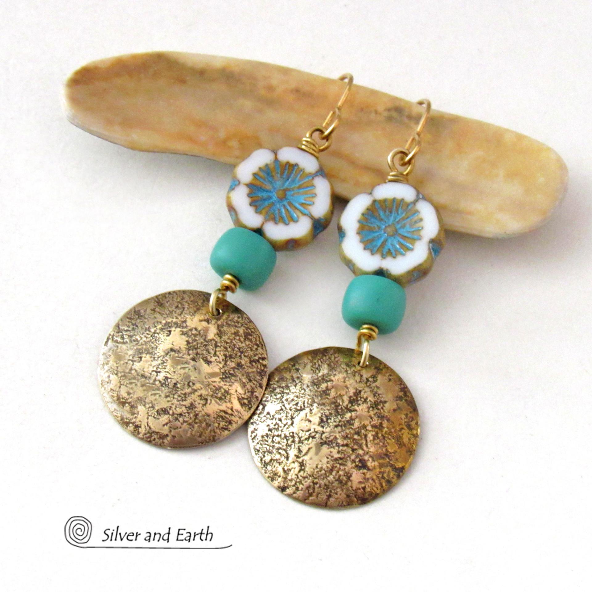 White, Turquoise Blue and Gold Glass Flower Earrings with Brass Dangles - Unique Nature Jewelry Gifts for Women