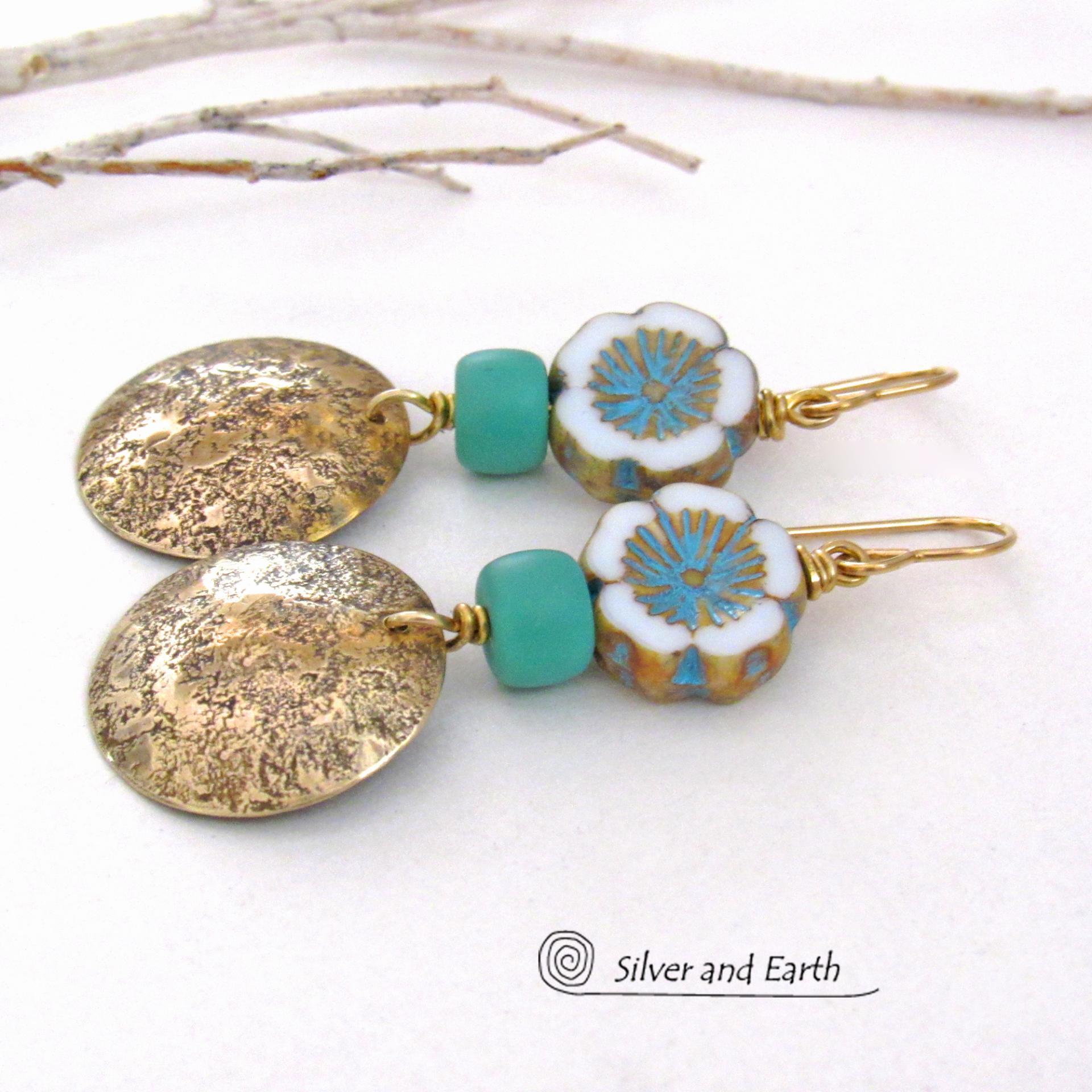 White, Blue and Gold Glass Flower Earrings with Brass Dangles - Unique Nature Jewelry Gifts for Women