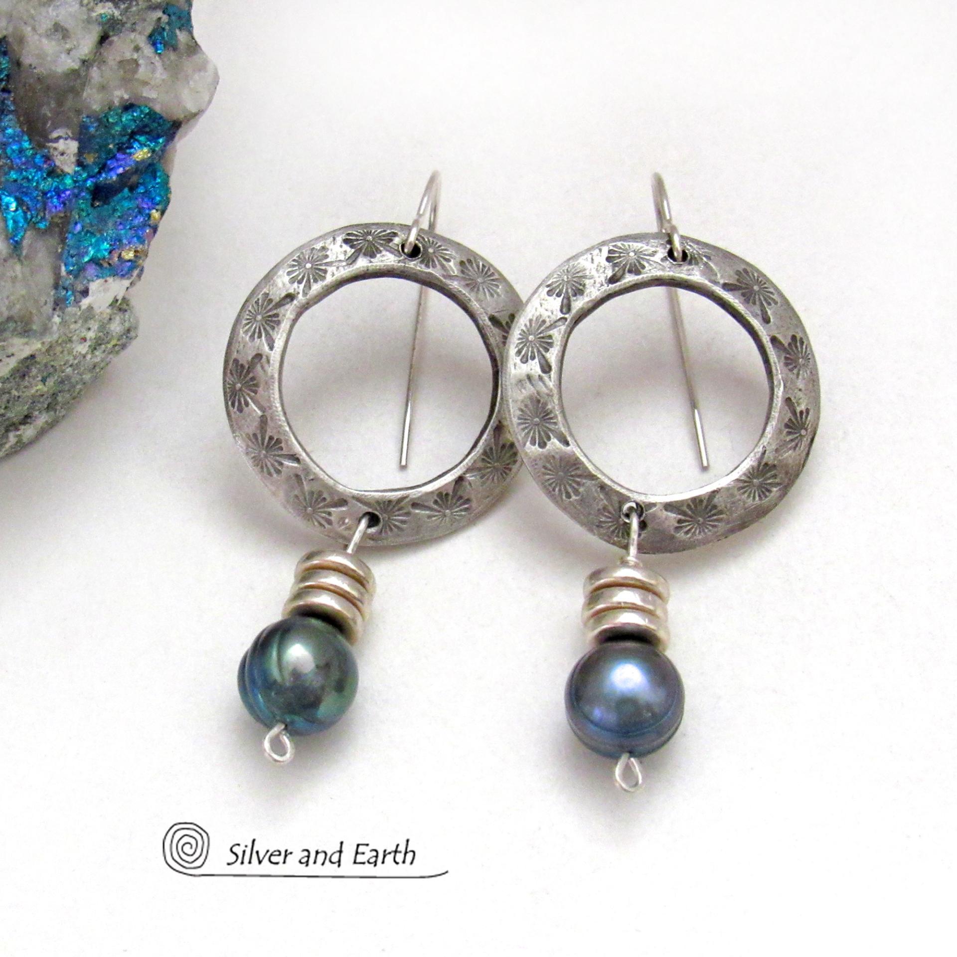Silver Pewter Circle Hoop Earrings with Blue Pearl Dangles - Modern Elegant Chic Freshwater Pearl Jewelry