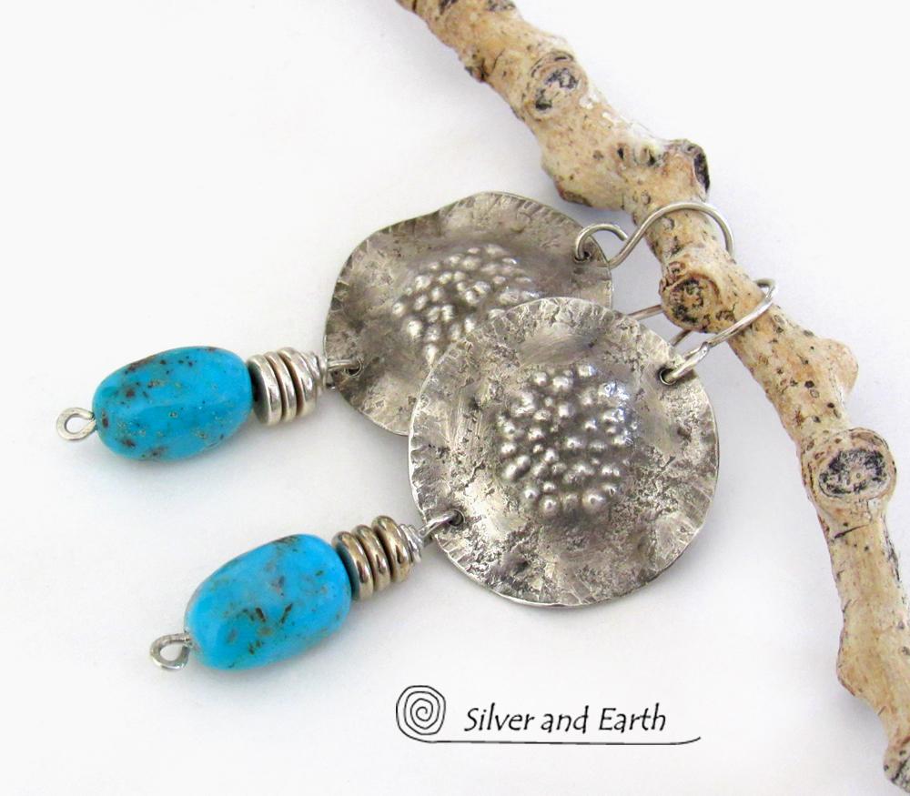 Sterling Silver Earrings with Blue American Turquoise Stones - Rustic Organic Modern Southwest Style Jewelry
