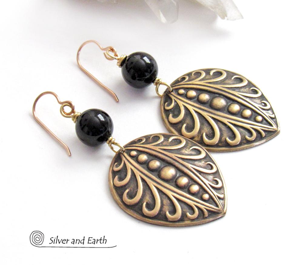 Embossed Gold Brass Earrings with Black Onyx Gemstones - Avant Garde Art Deco Style Jewelry