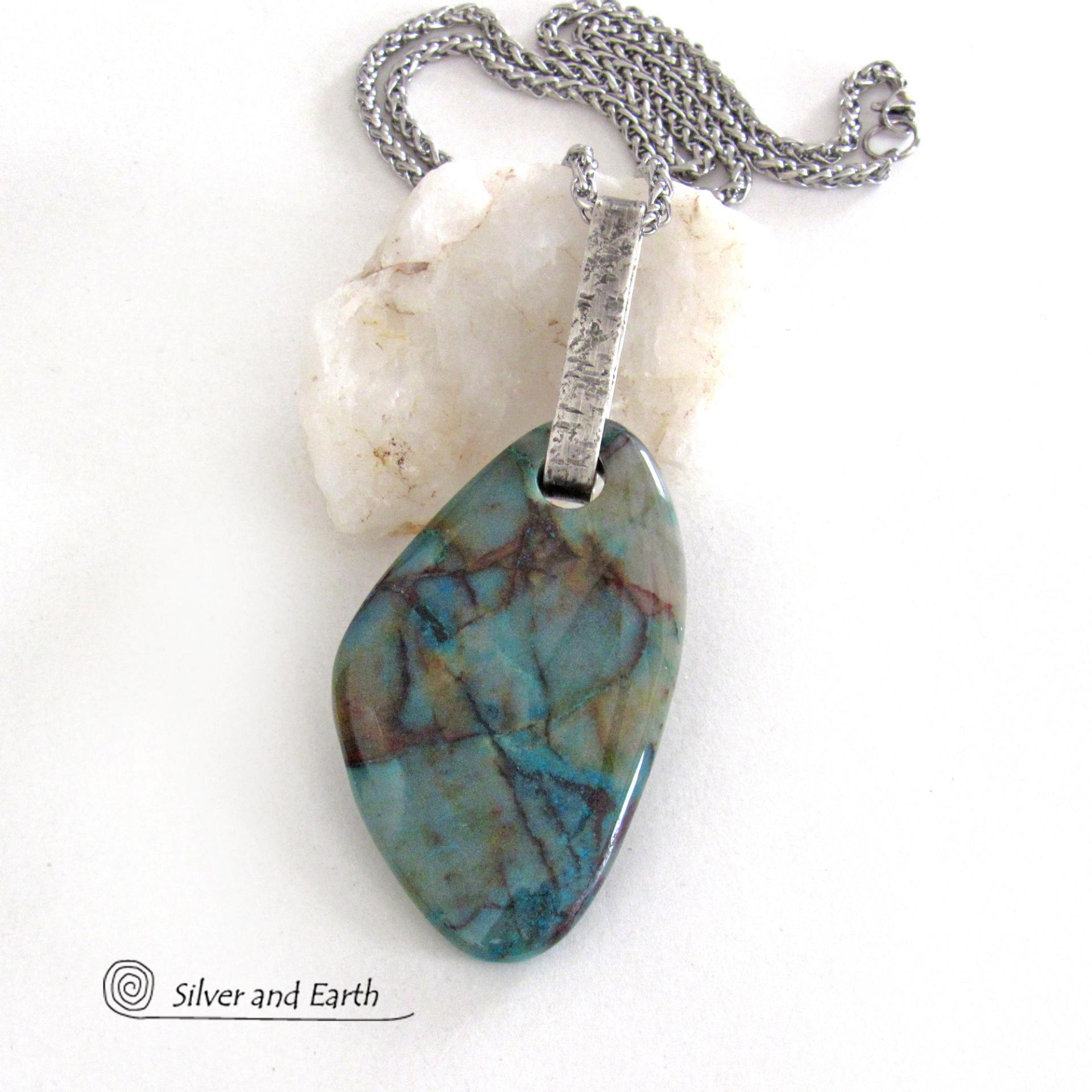 Large Blue Chrysocolla Quartz Gemstone Sterling Silver Necklace - One of a Kind Unique Natural Stone Jewelry 