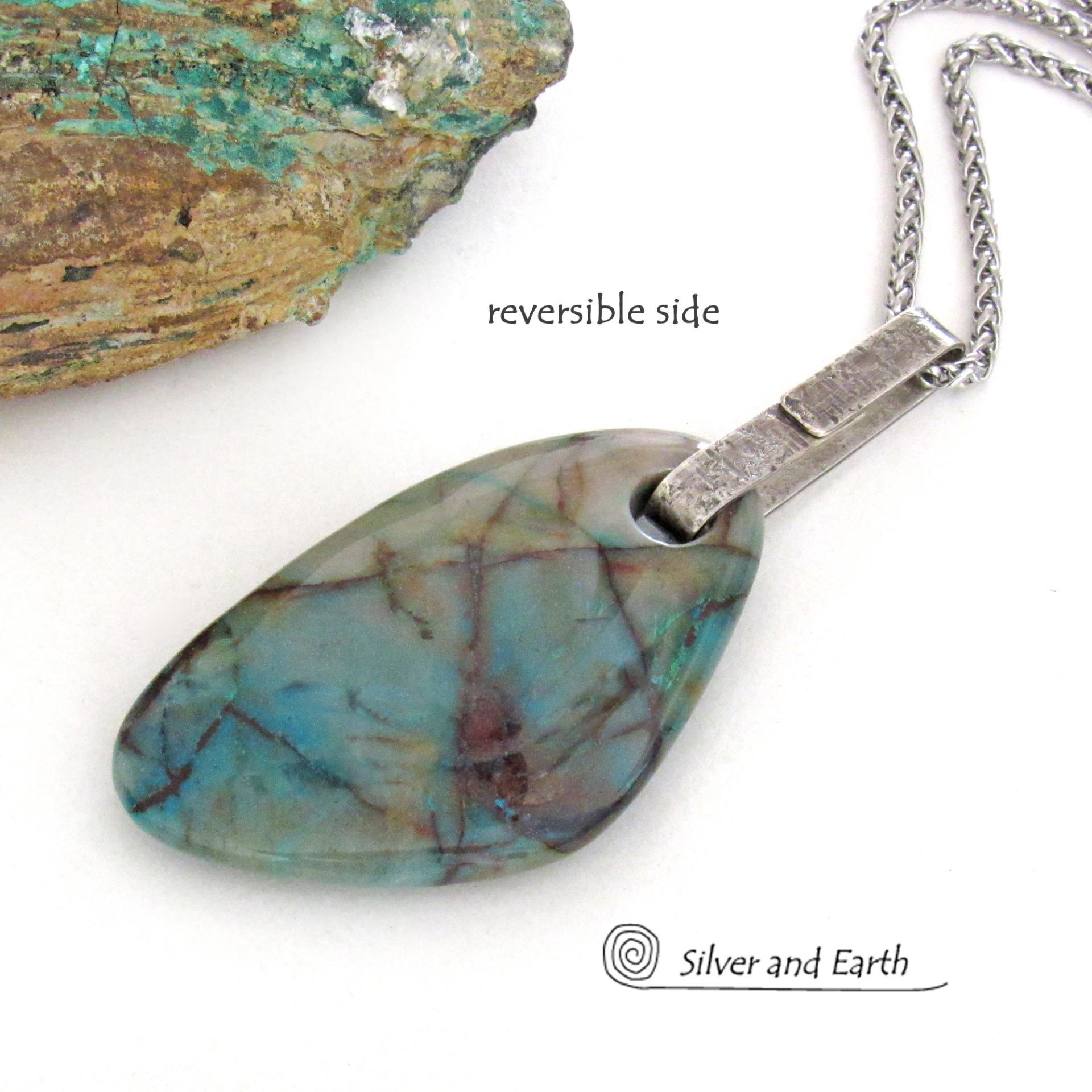 Large Blue Chrysocolla Quartz Gemstone Sterling Silver Necklace - One of a Kind Unique Natural Stone Jewelry 