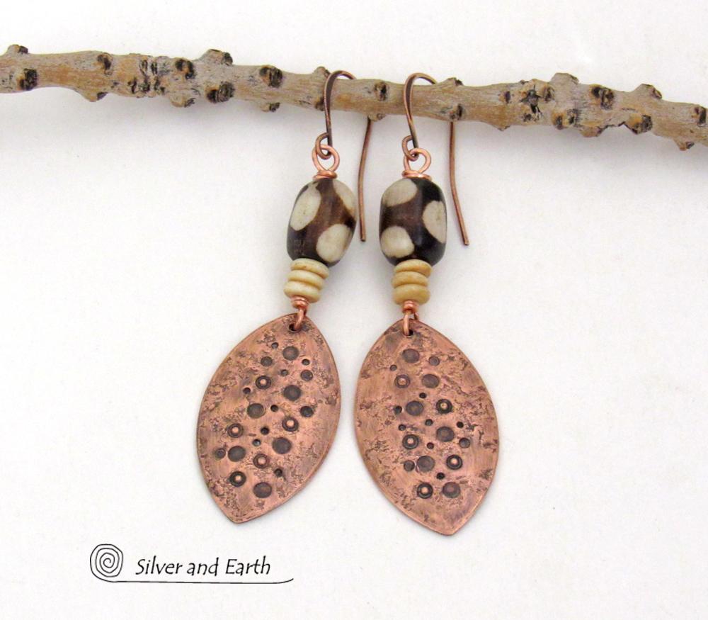 African Batik Bone & Copper Dangle Earrings with Rustic Hammered & Stamped Texture - Bold Unique Ethnic Boho Tribal Jewelry