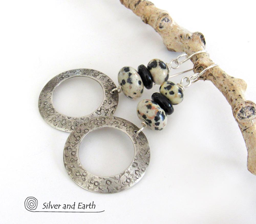 Sterling Silver Hoop Earrings with Dalmatian Jasper Stones