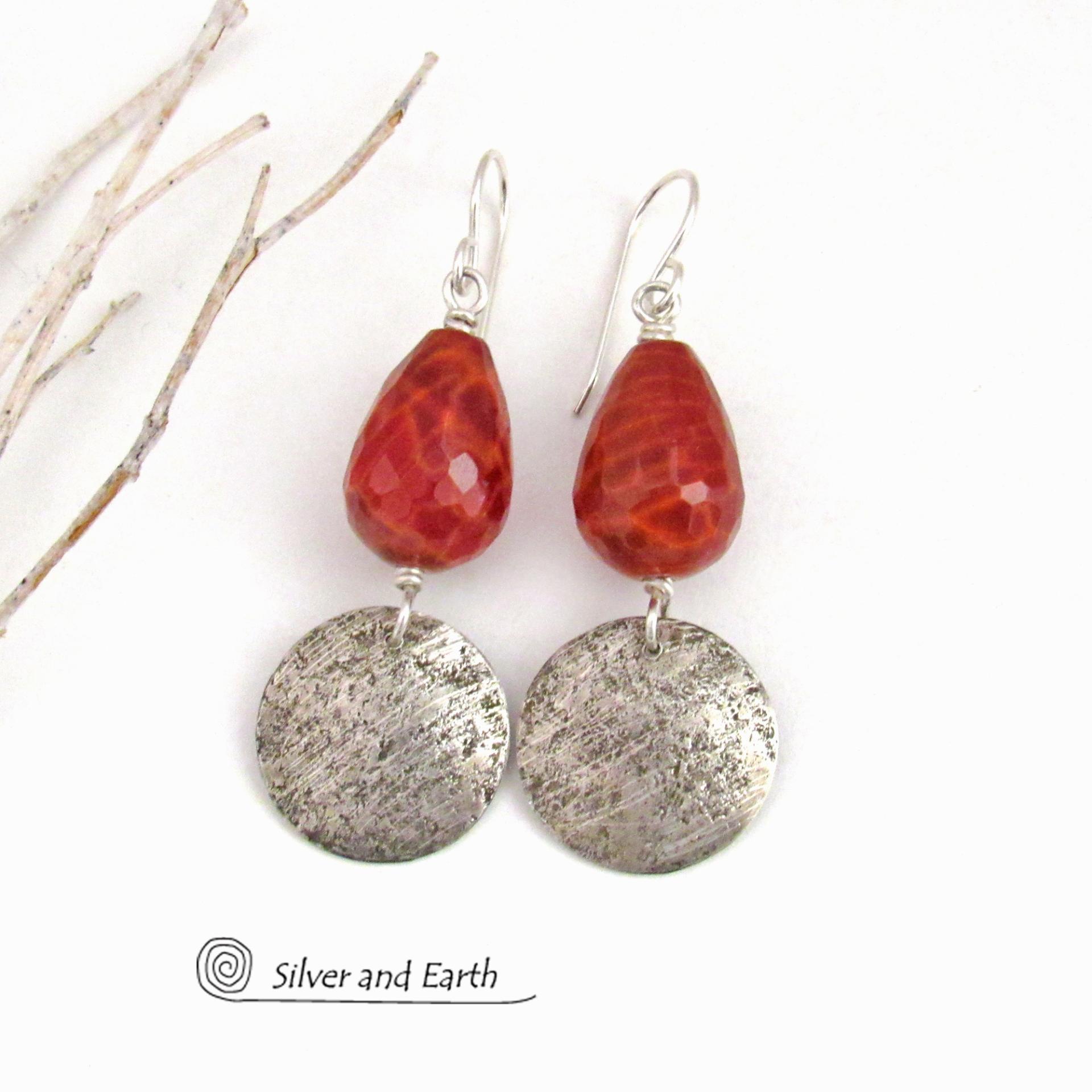 Round Sterling Silver Dangle Earrings with Faceted Orange Fire Agate Gemstones