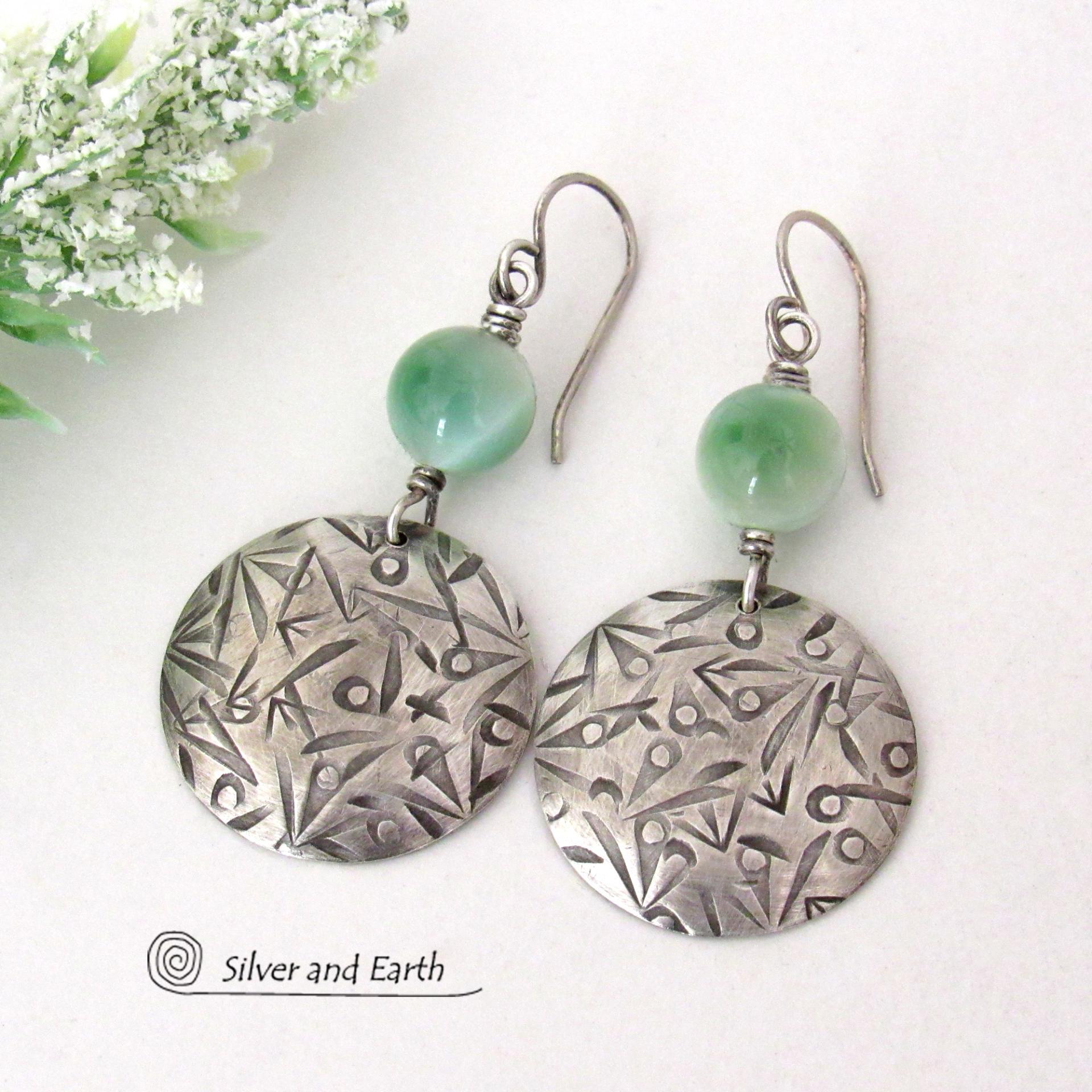Green Moonstone Sterling Silver Earrings - Artisan Handcrafted Modern Sterling and Gemstone Jewelry