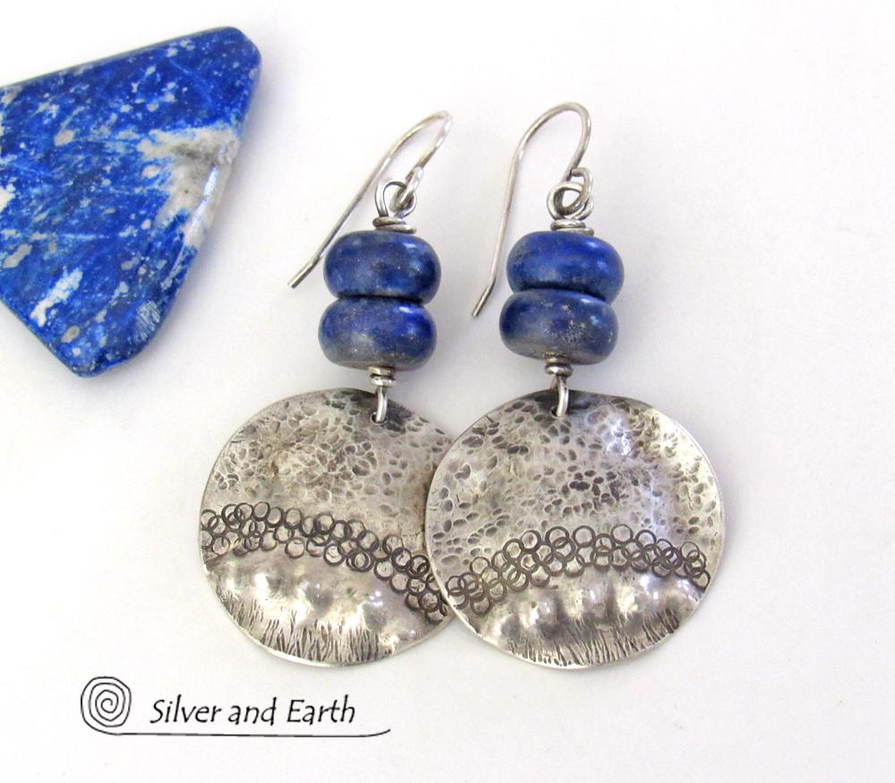 Sterling Silver Dangle Earrings with Blue Lapis Gemstones - Bold Modern Unique Artisan Handcrafted Jewelry