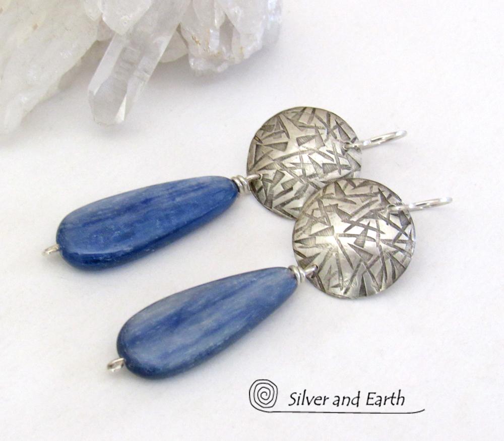 Handcrafted Modern Sterling Silver Earrings with Long Dangly Blue Kyanite Gemstones