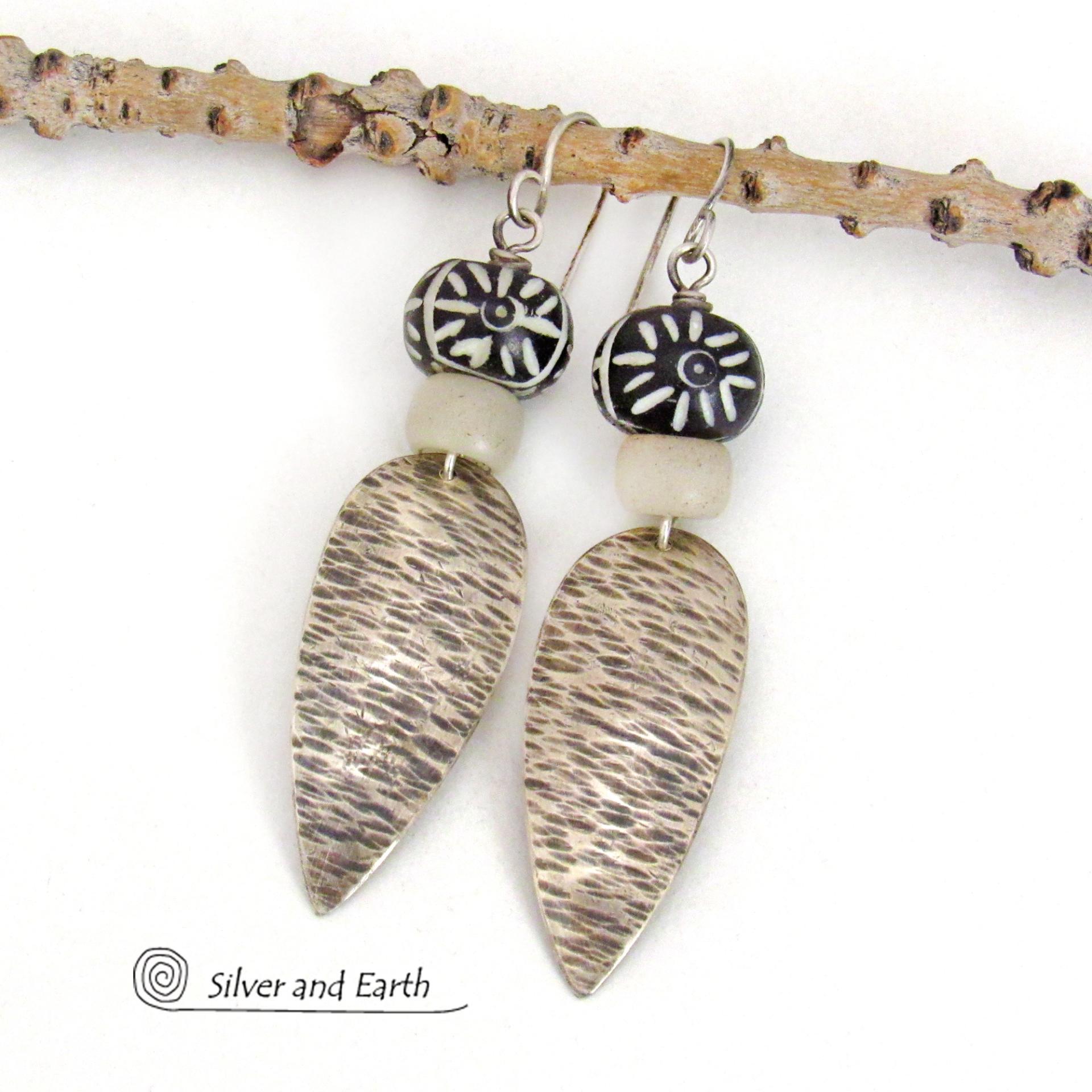 Sterling Silver Earrings with African Carved Black Bone and Glass Beads - Bold Ethnic Tribal Style Jewelry