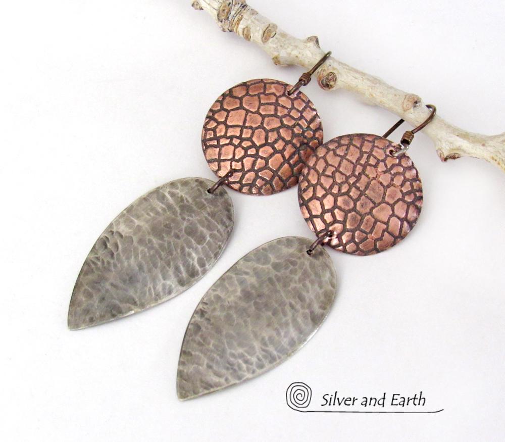 Mixed Metal Earrings with Embossed Copper and Hammered Sterling Silver - Bold Modern Contemporary Jewelry