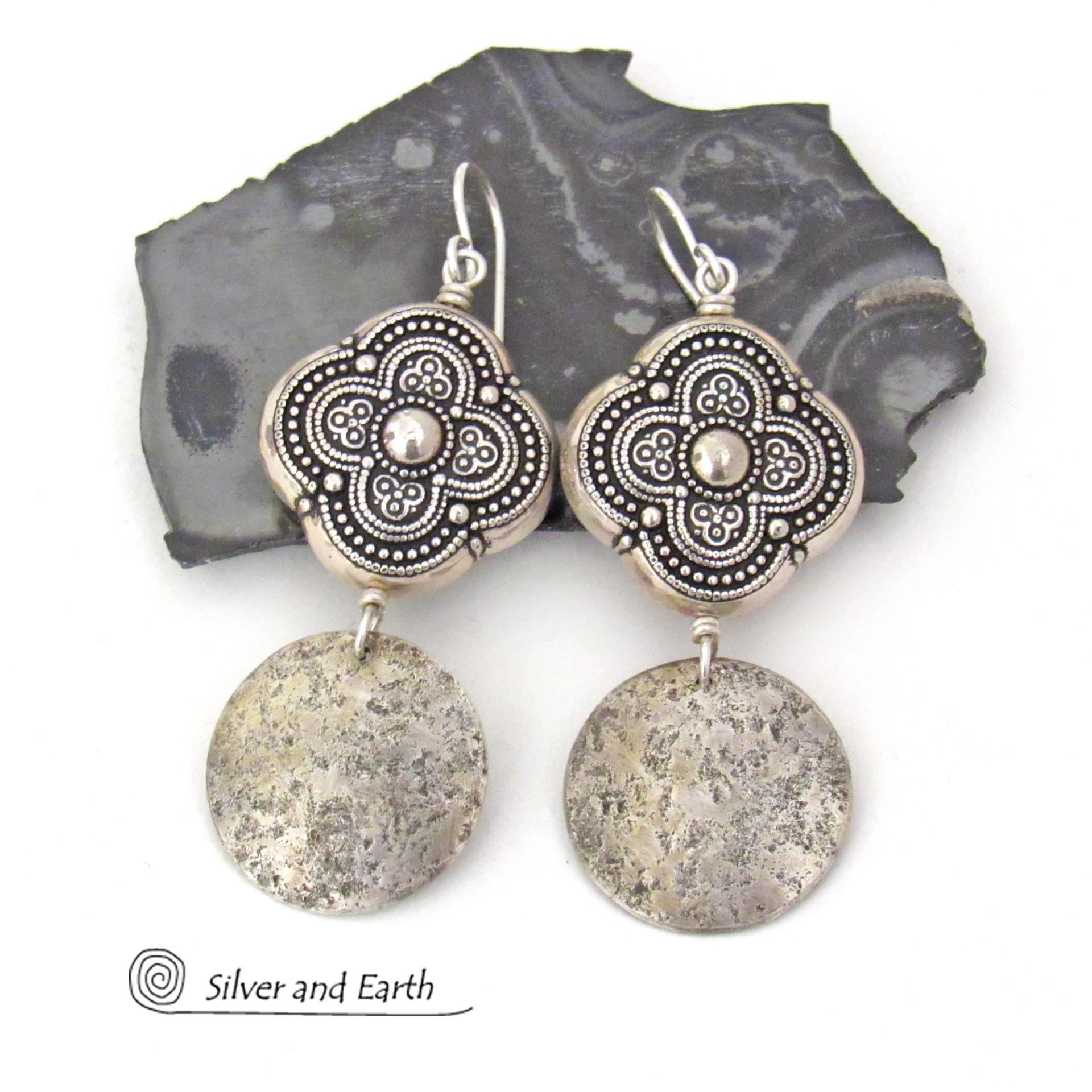 Sterling Silver Dangle Earrings with Moroccan Style Beads - Ornate Exotic Silver Jewelry