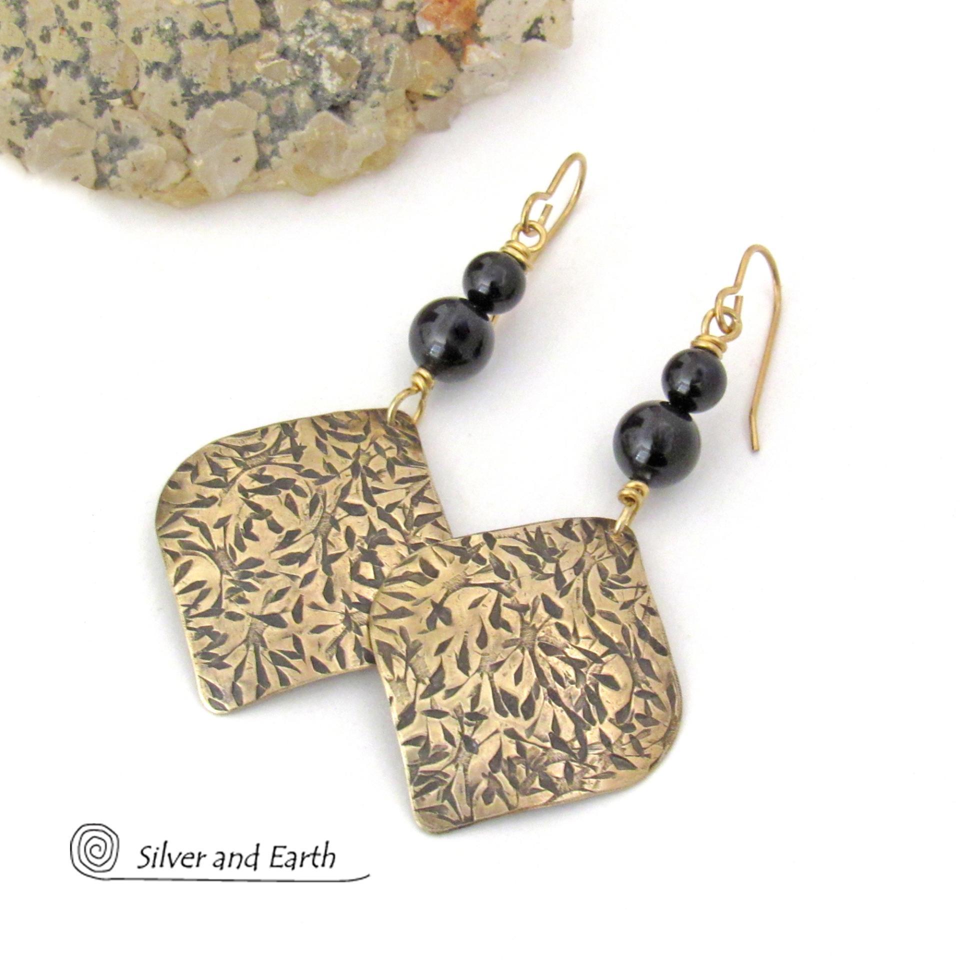 Textured Gold Brass Earrings with Black Onyx Gemstones - Bohemian Modern Chic Style Jewelry