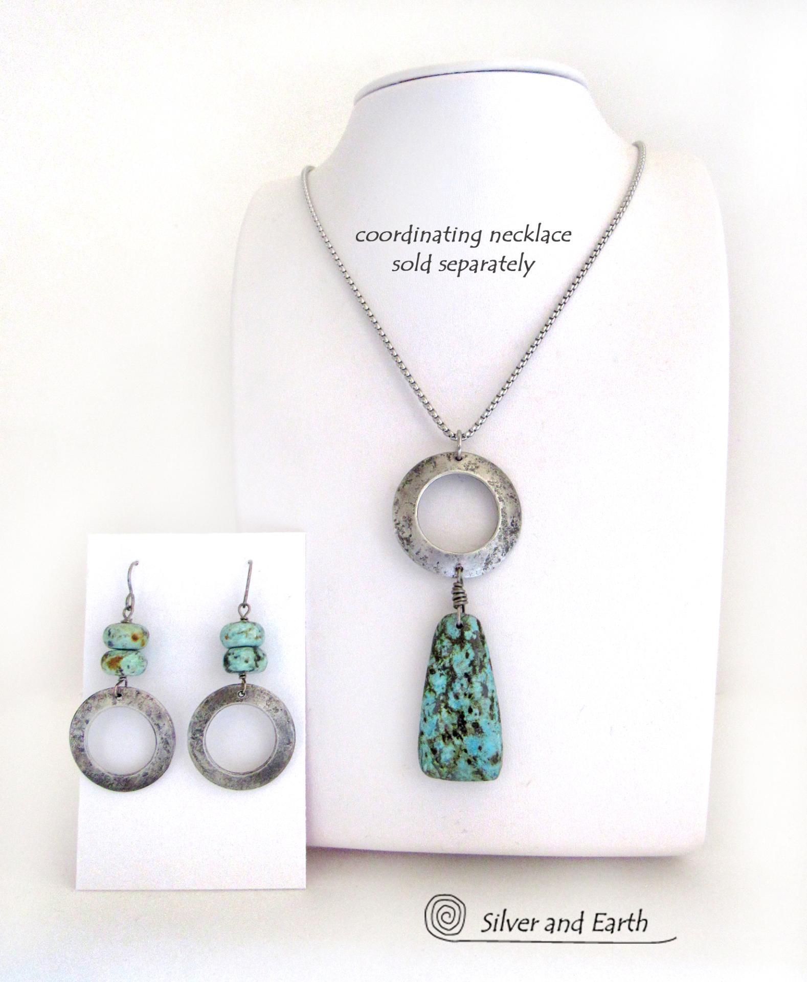 African Turquoise Silver Pewter Hoop Earrings - Modern Earthy Natural Gemstone Jewelry