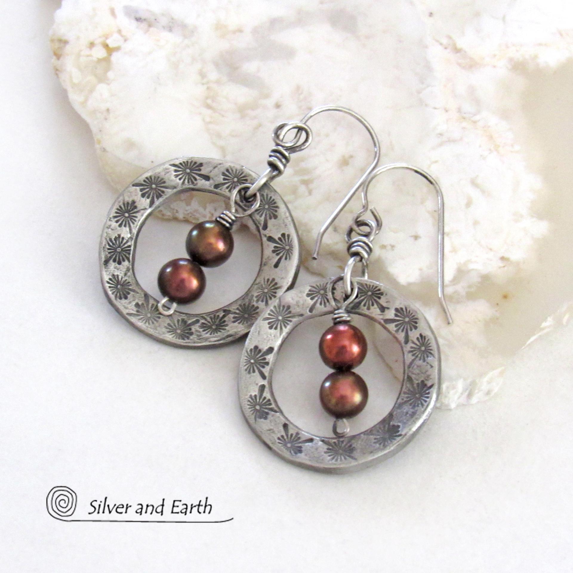 Hand Stamped Small Silver Pewter Circle Hoop Earrings with Bronze Freshwater Pearls - Artisan Handcrafted Earthy Modern Jewelry