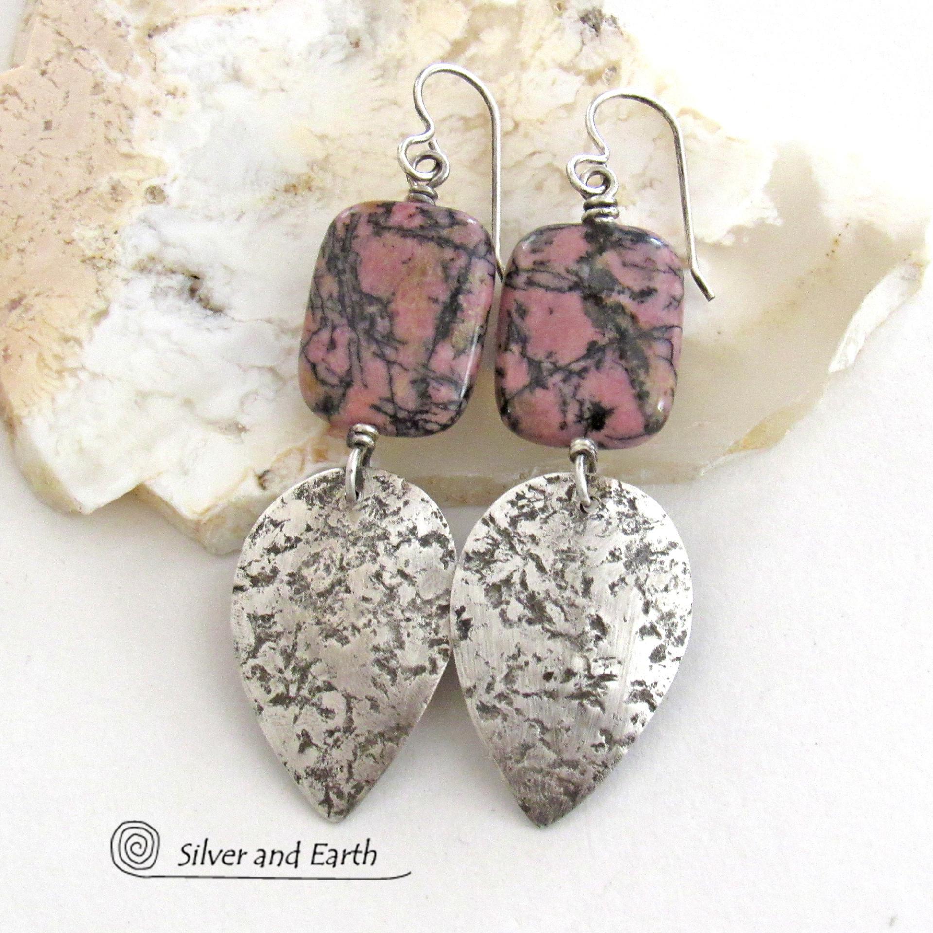 Pink and Black Rhodonite Natural Gemstone Earrings with Sterling Silver Dangles
