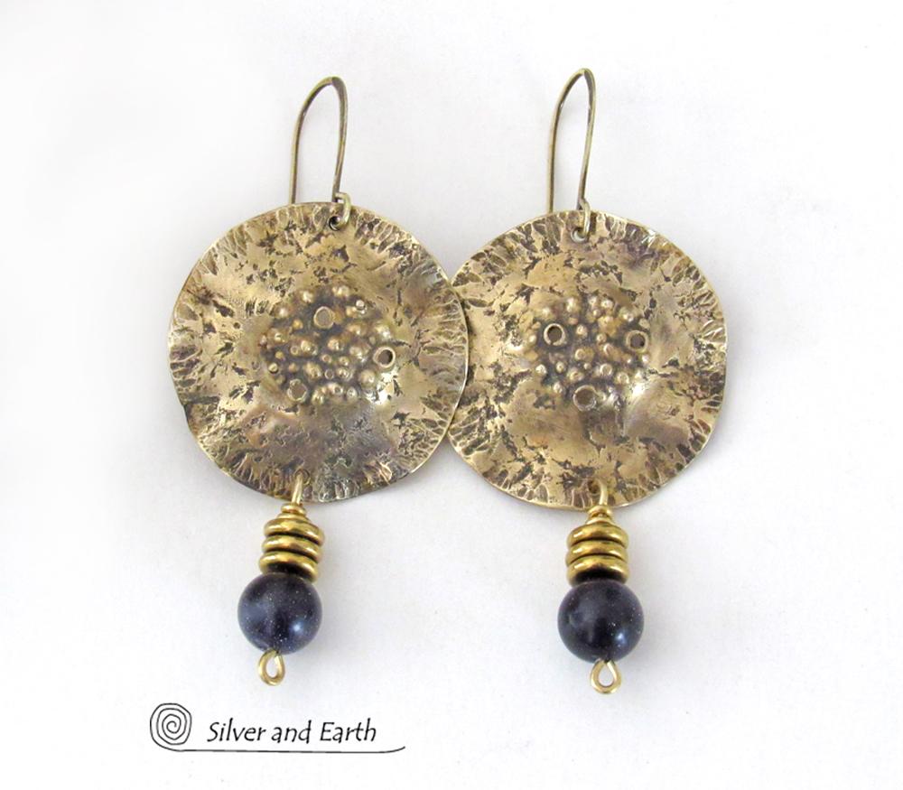 Hammered Gold Brass Earrings with Blue Goldstone Dangles - Earthy Modern Chic Artisan Handmade Jewelry
